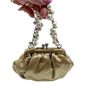 Carolee Mini Handbag Gold Satin Beaded Handle Evening Clutch Kiss Lock Purse